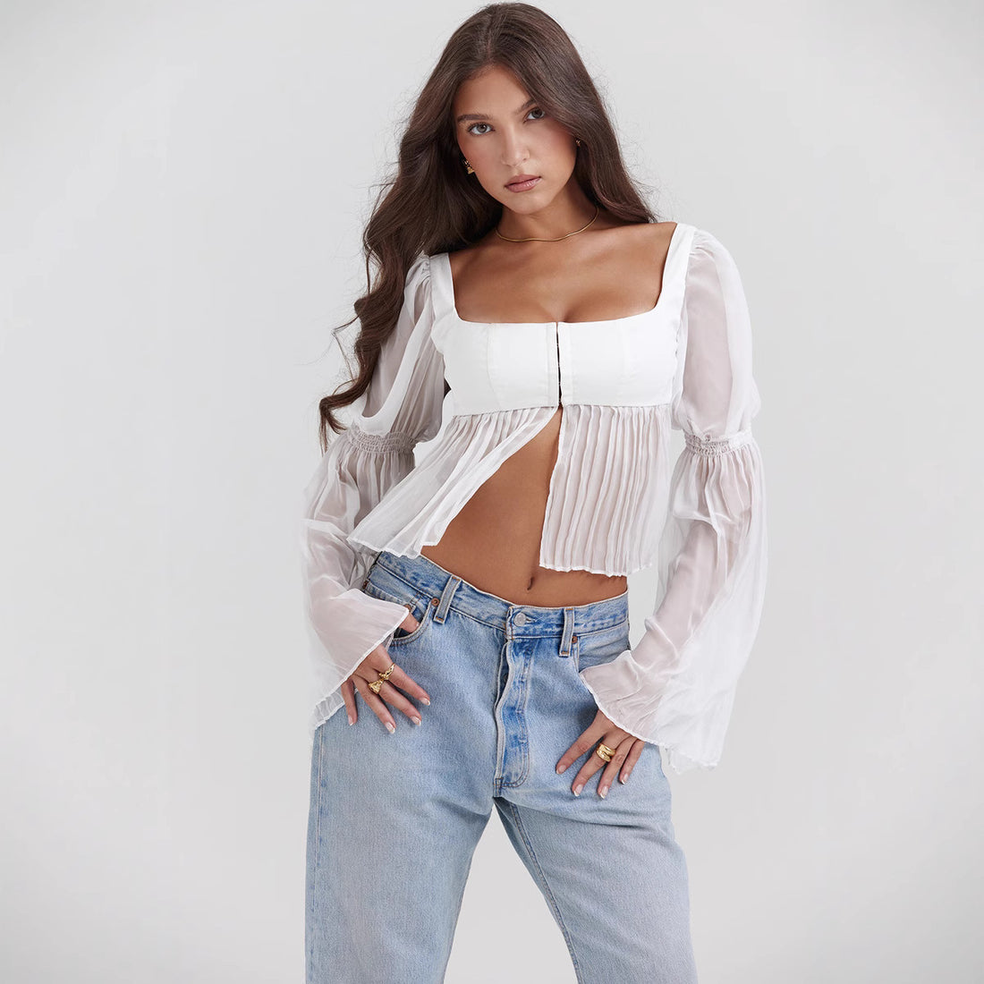 Elegant Sheer Long Sleeve Square Collar Top